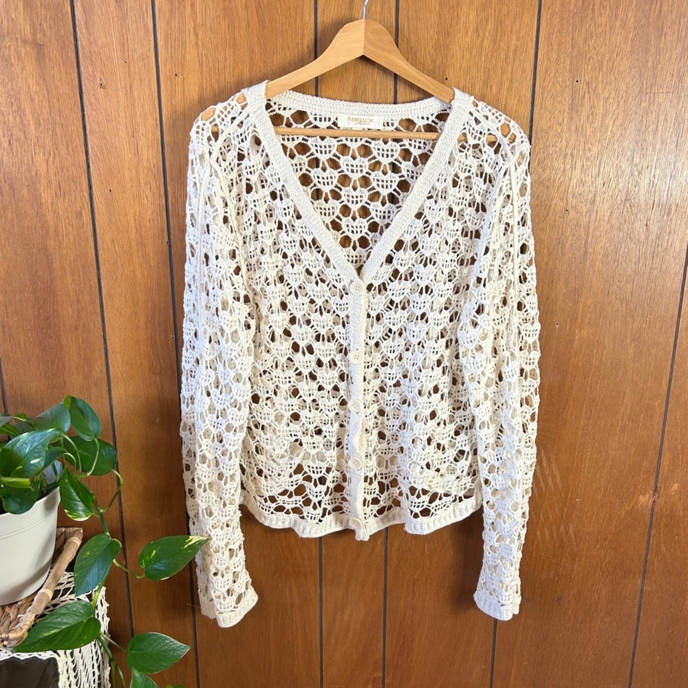 Vintage y2k‎ Rebellion Again Skull Crochet Cardigan Cream Open Knit Boho Sweater